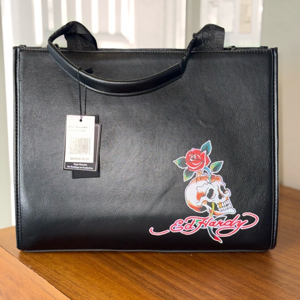 NWT Ed Hardy Jeweled Black Satchel with Floral Skull Design With Crossbody Strap - Picture 3 of 9